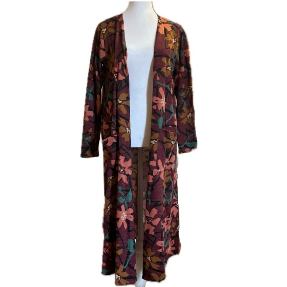 LuLaRoe Sarah Long Duster Cardigan — Rust Floral Print, Size M